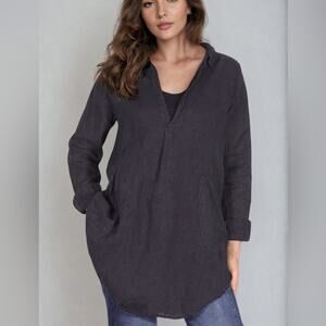 CP Shades Teton Black 100% Cotton Pocket Tunic V-neck Shirt Lagenlook Medium